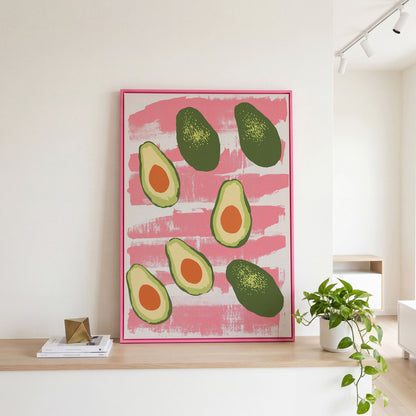 Scattered Avocados Canvas. Pink and Green Modern Print in pink floating frame