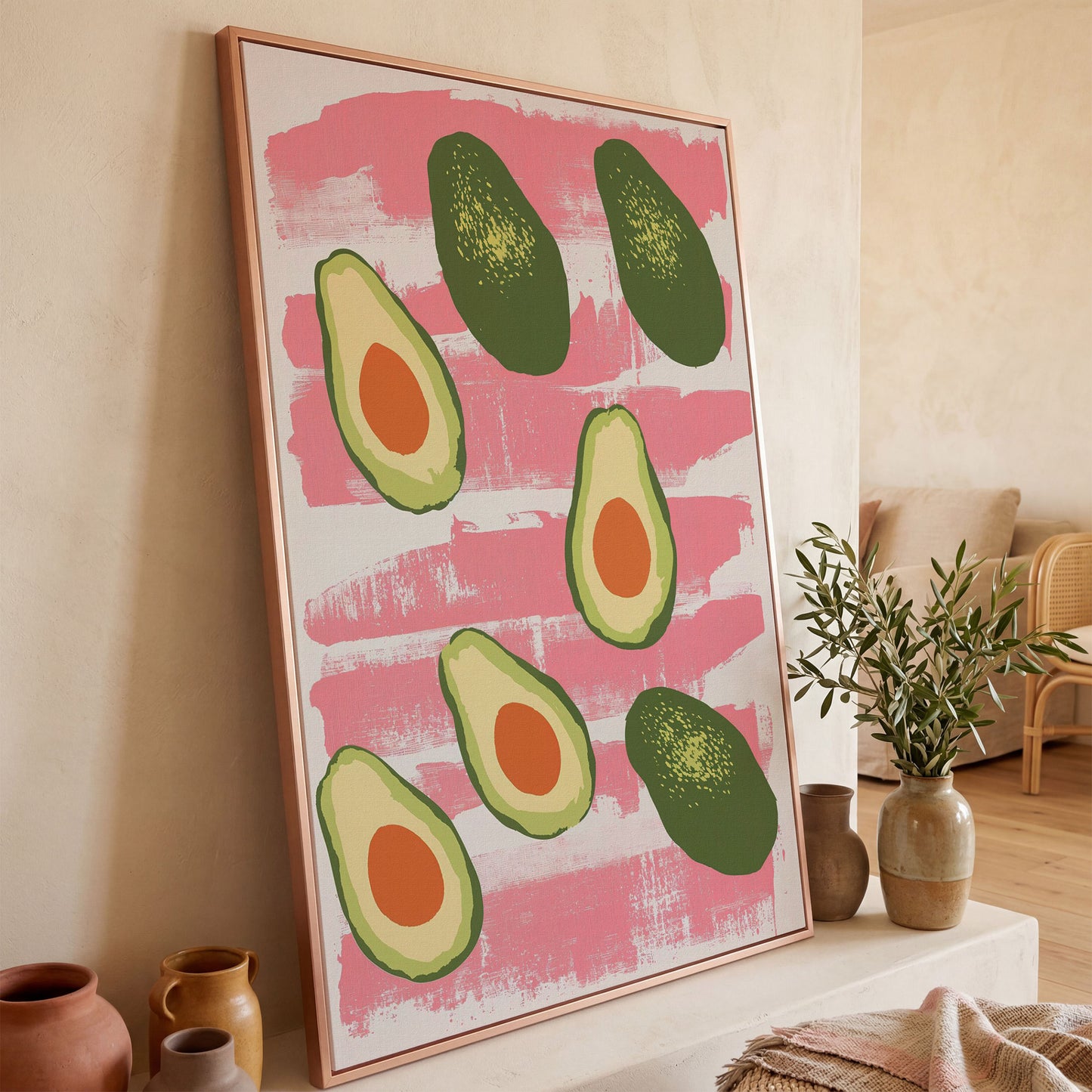 Scattered Avocados Canvas. Pink and Green Modern Print in rose gold floating frame