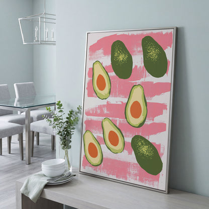 Scattered Avocados Canvas. Pink and Green Modern Print in silver floating frame
