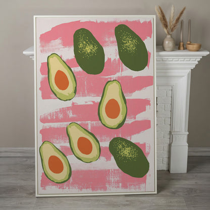 Scattered Avocados Canvas. Pink and Green Modern Print in white floating frame
