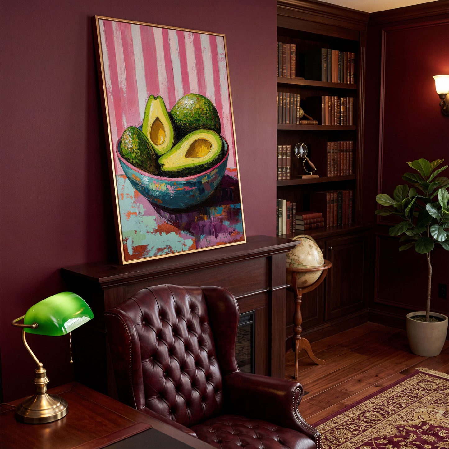 Avocado Still Life in Teal and Pink Canvas in antique gold floating frame