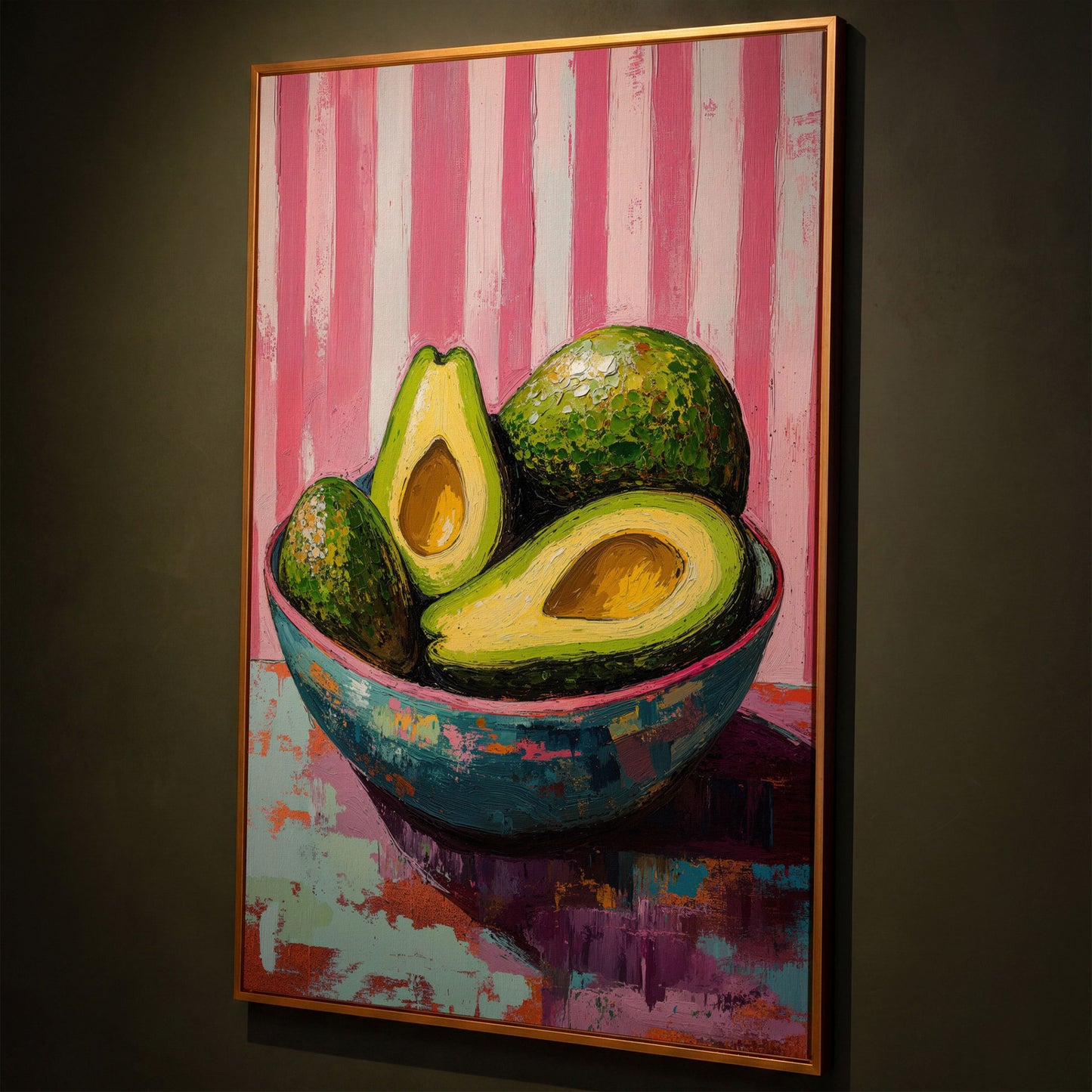 Avocado Still Life in Teal and Pink Canvas shown in antique gold floating frame