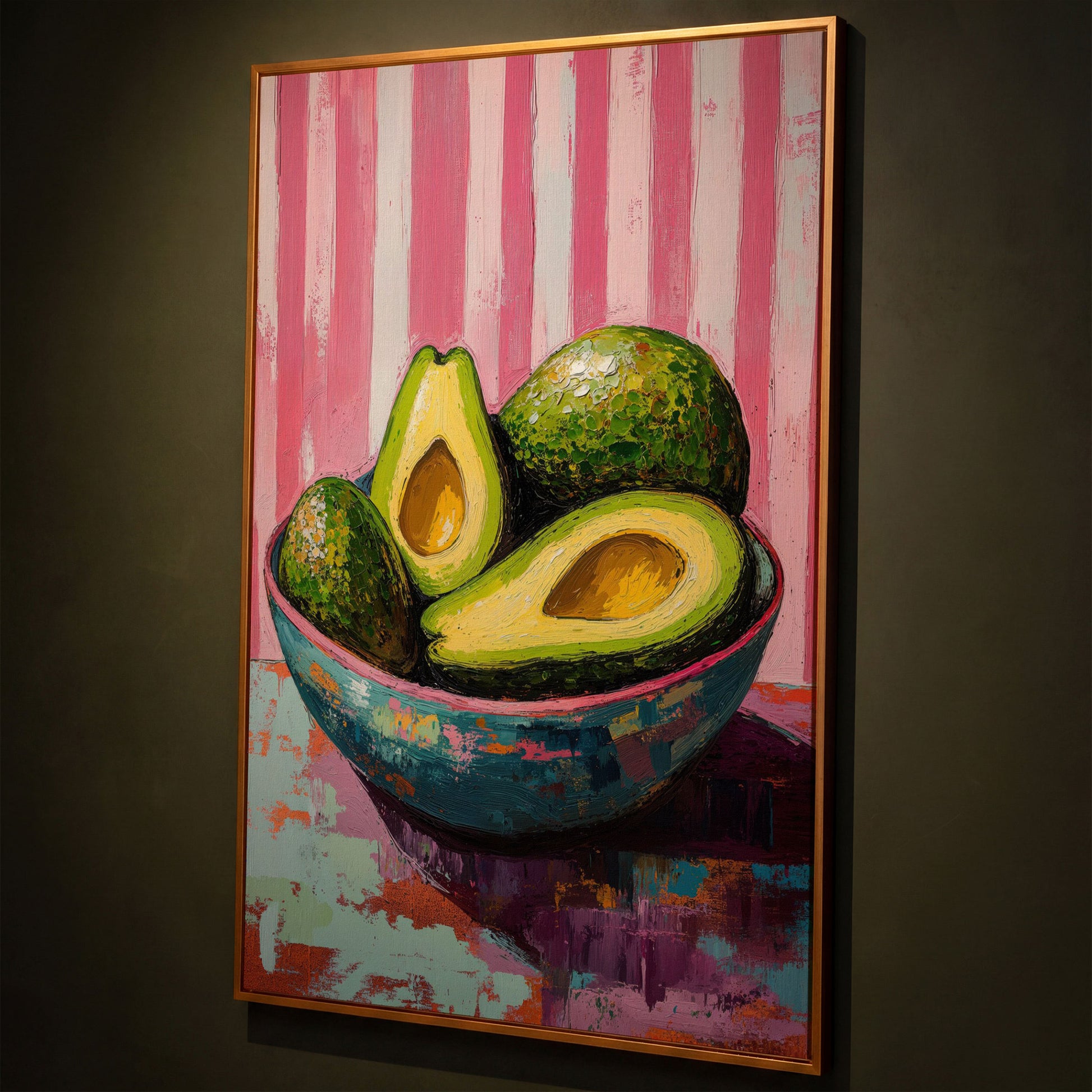 Avocado Still Life in Teal and Pink Canvas shown in antique gold floating frame
