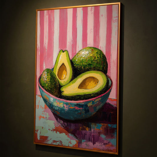Avocado Still Life in Teal and Pink Canvas shown in antique gold floating frame