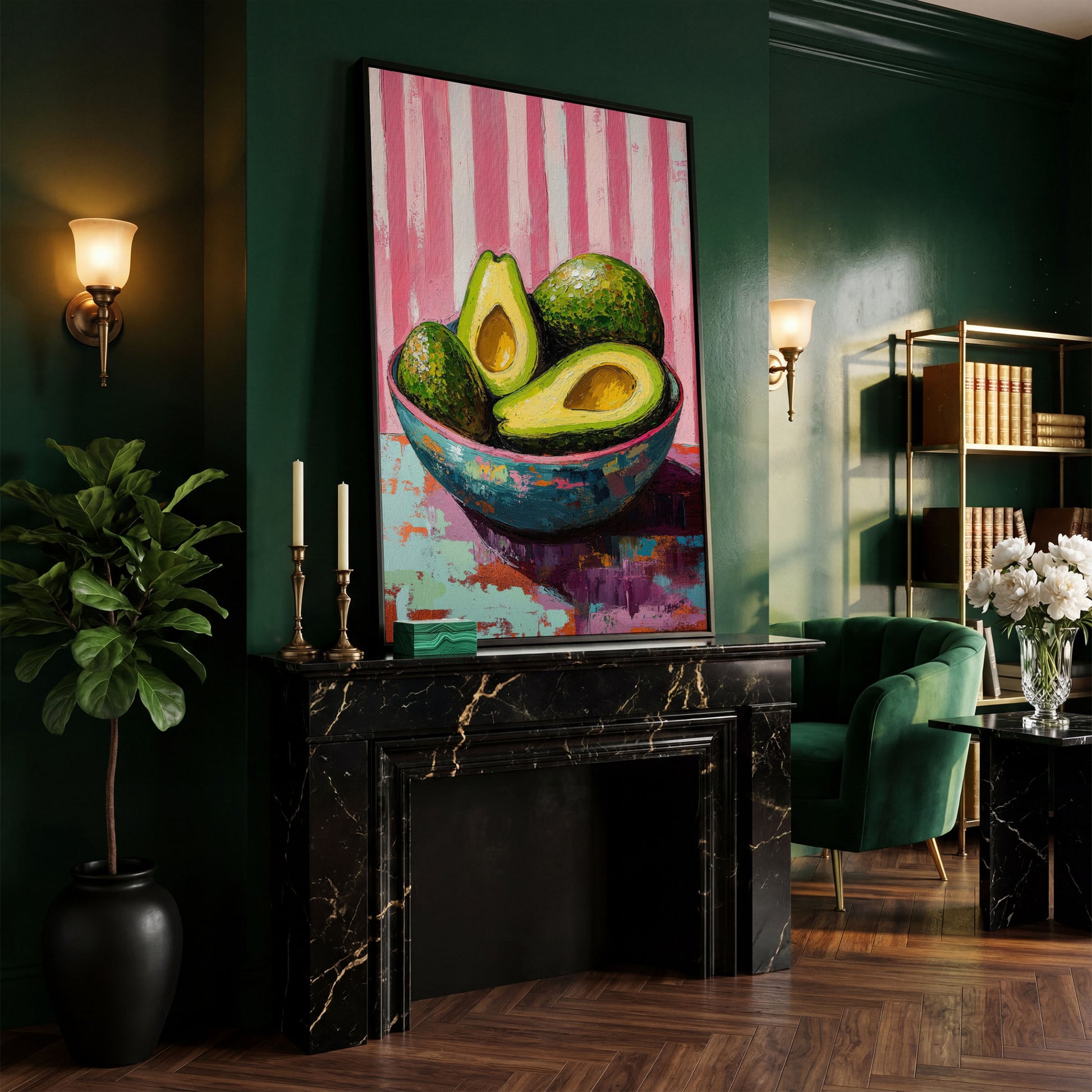 Avocado Still Life in Teal and Pink Canvas in black floating frame