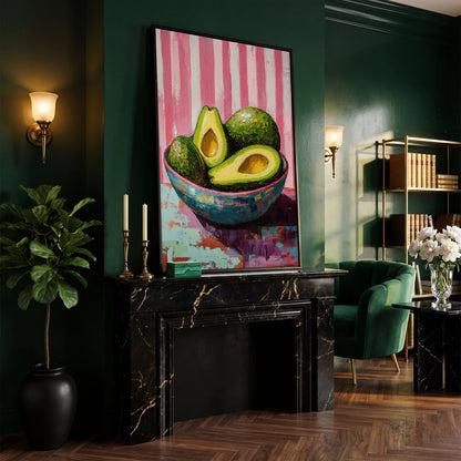 Avocado Still Life in Teal and Pink Canvas in black floating frame