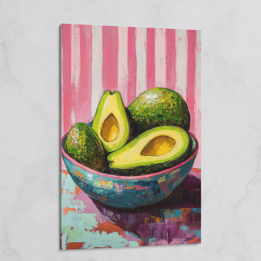 Avocado Still Life in Teal and Pink Canvas on gallery wrap