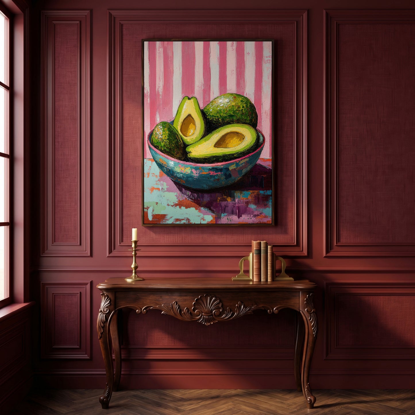 Avocado Still Life in Teal and Pink Canvas in dark walnut floating frame