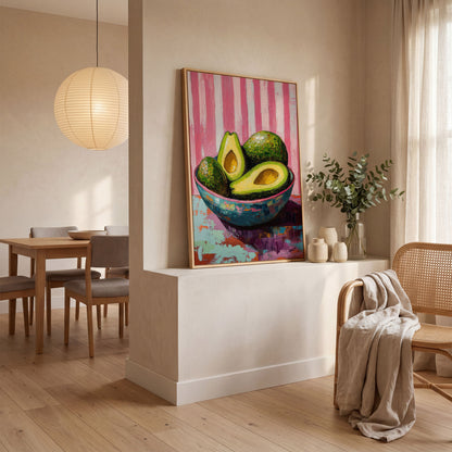 Avocado Still Life in Teal and Pink Canvas in white oak floating frame