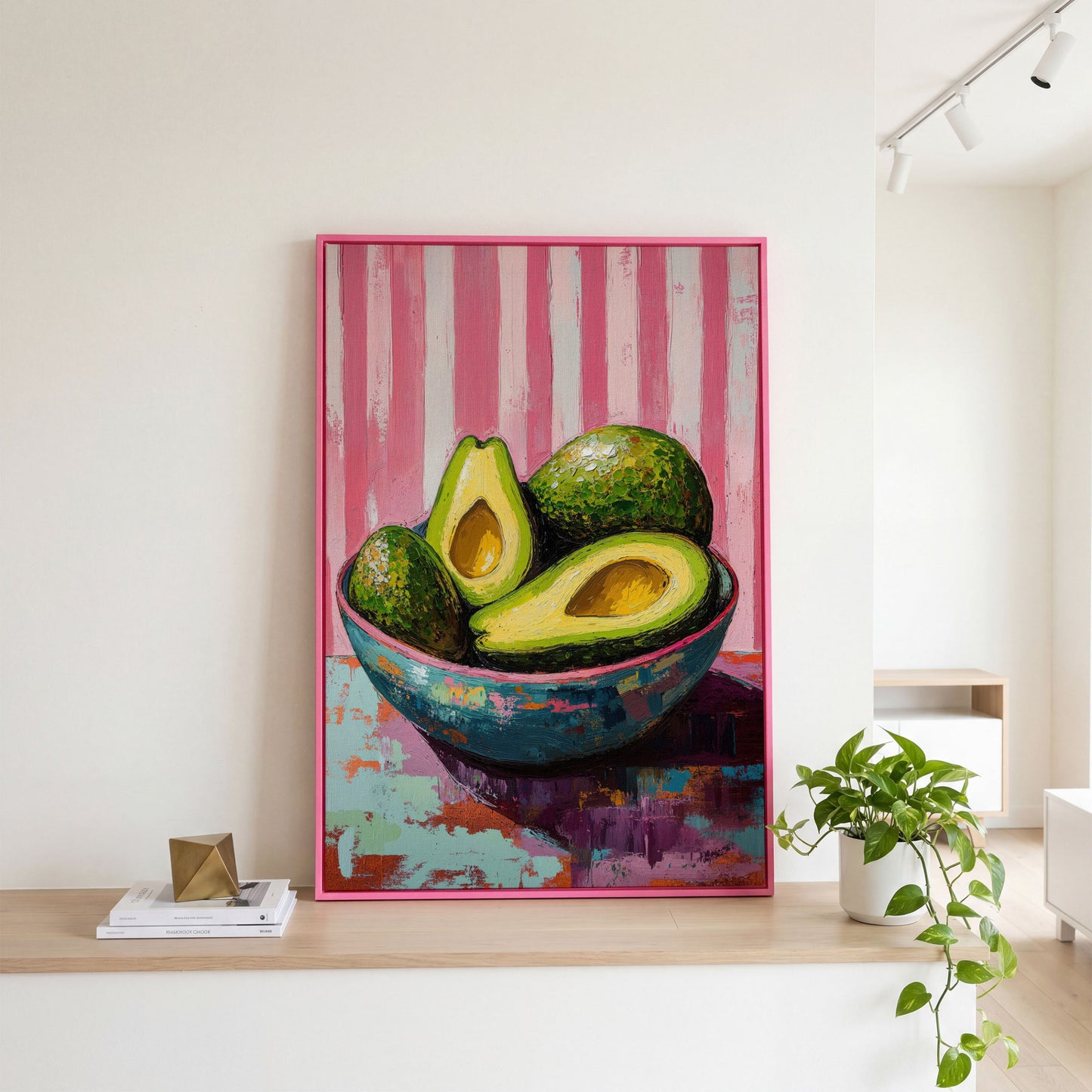 Avocado Still Life in Teal and Pink Canvas in pink floating frame
