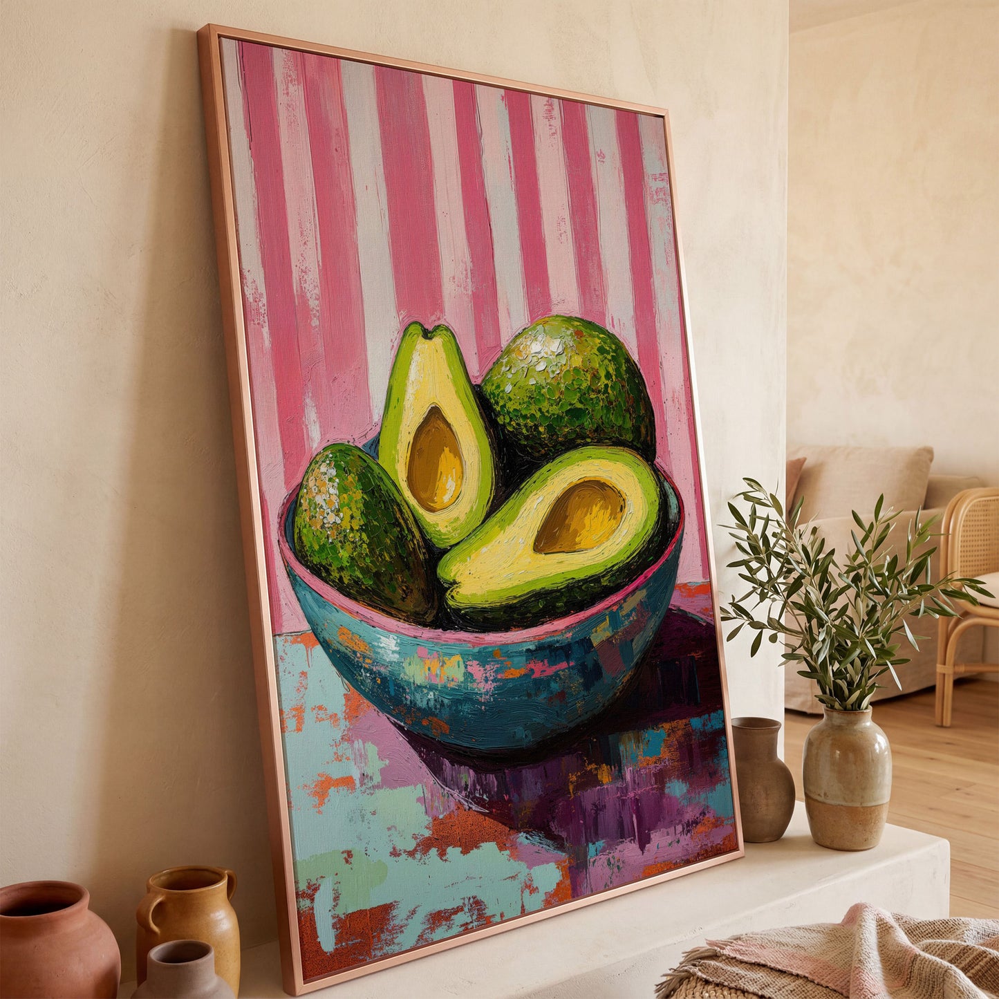 Avocado Still Life in Teal and Pink Canvas in rose gold floating frame