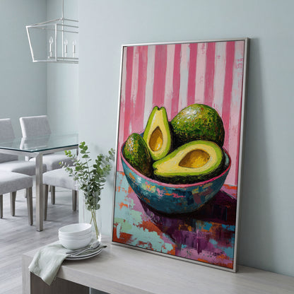 Avocado Still Life in Teal and Pink Canvas in silver floating frame