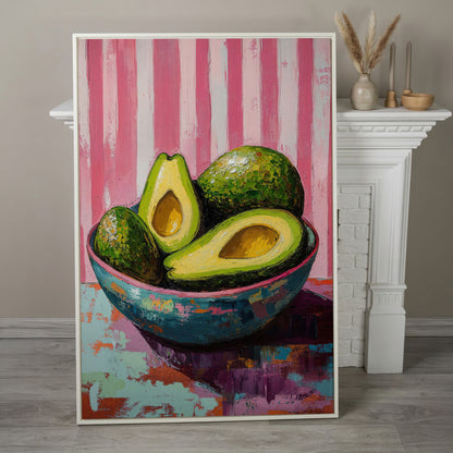 Avocado Still Life in Teal and Pink Canvas in white floating frame