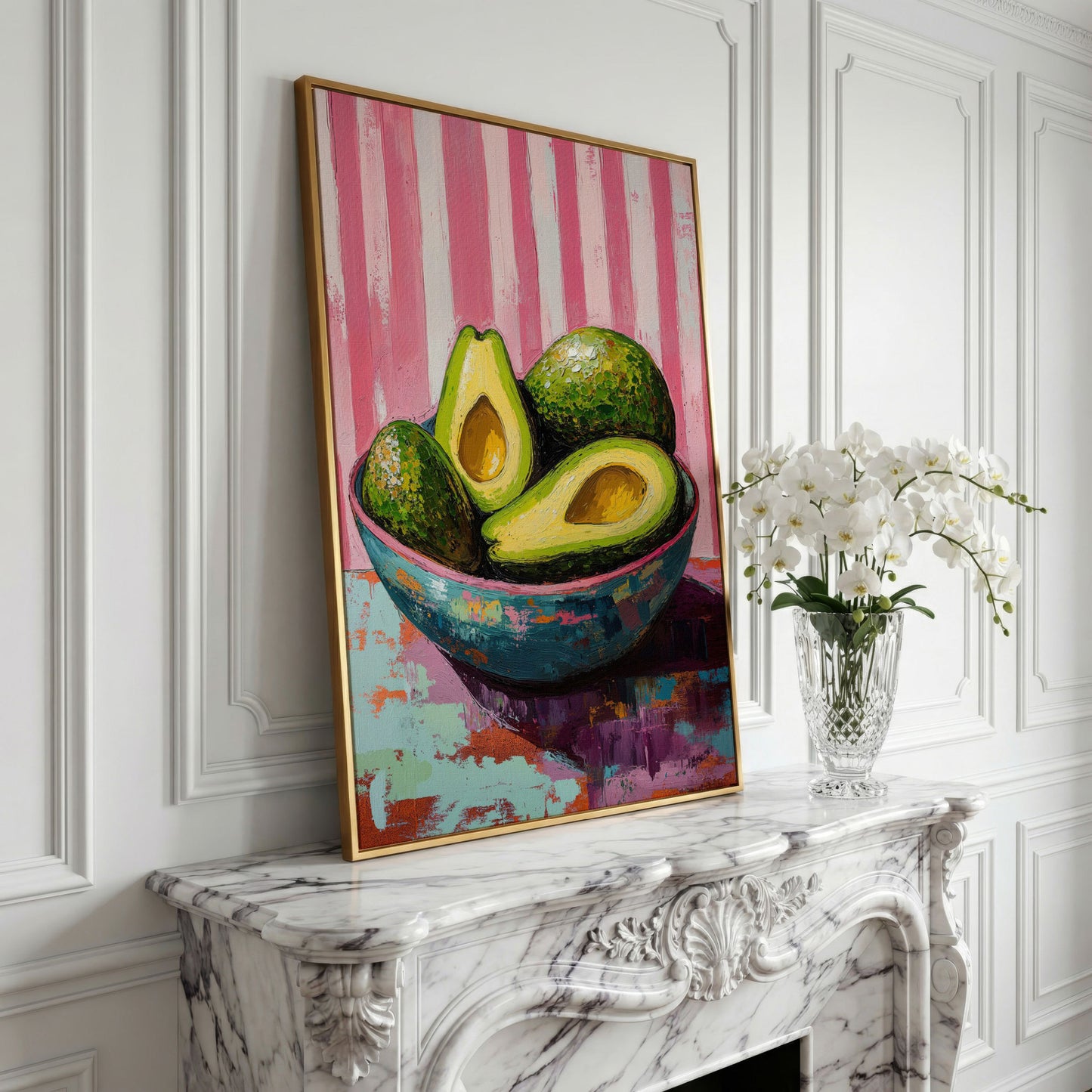 Avocado Still Life in Teal and Pink Canvas in yellow gold floating frame
