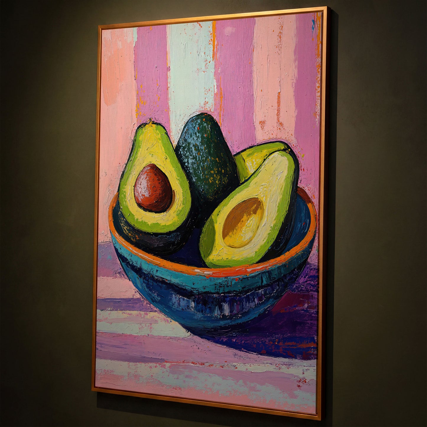 Colorful Avocado Still Life Canvas shown in antique gold floating frame
