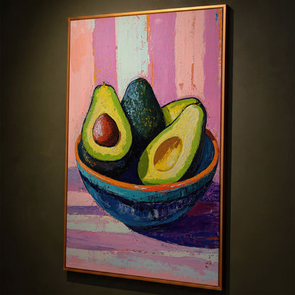 Colorful Avocado Still Life Canvas shown in antique gold floating frame