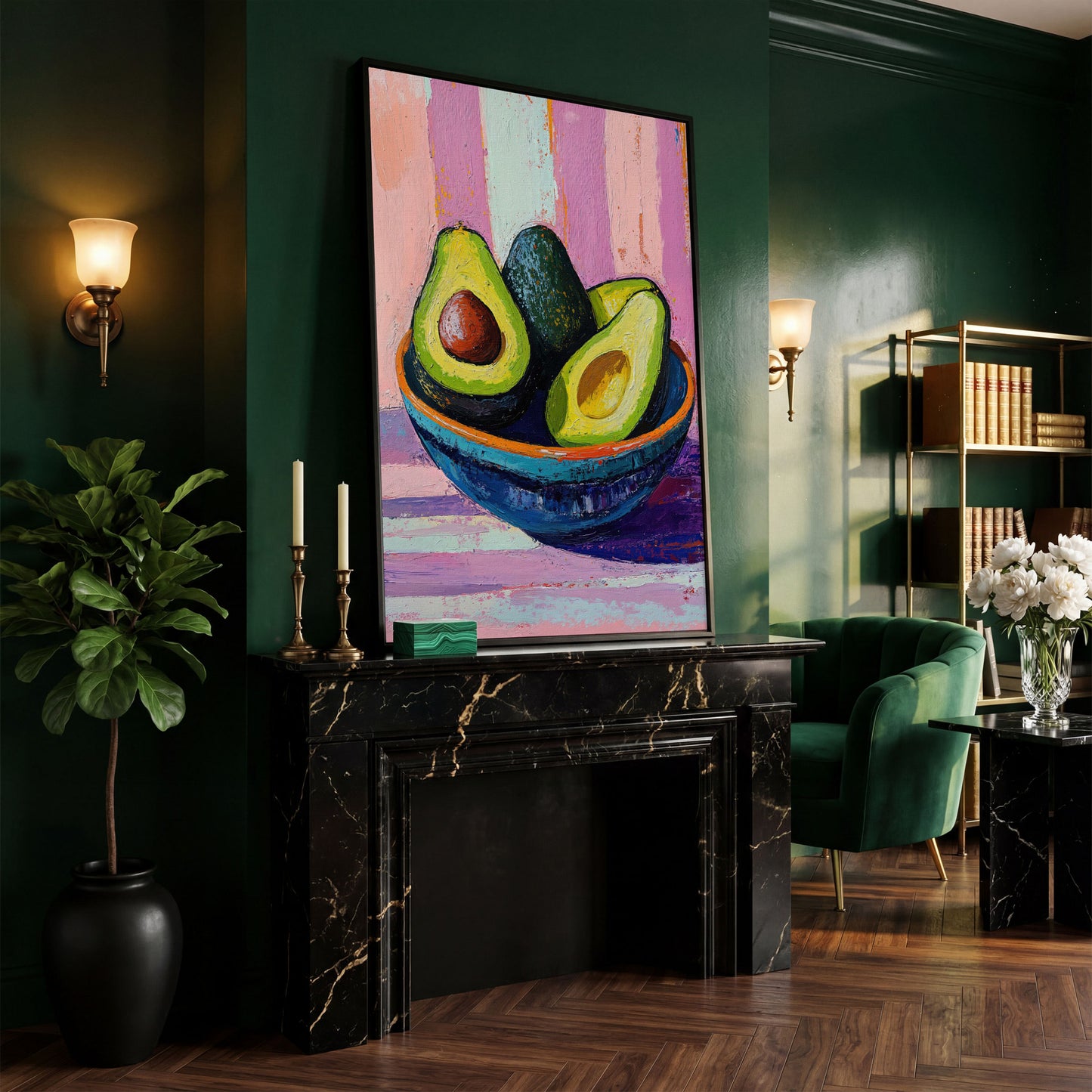 Colorful Avocado Still Life Canvas in black floating frame
