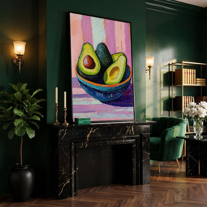 Colorful Avocado Still Life Canvas in black floating frame