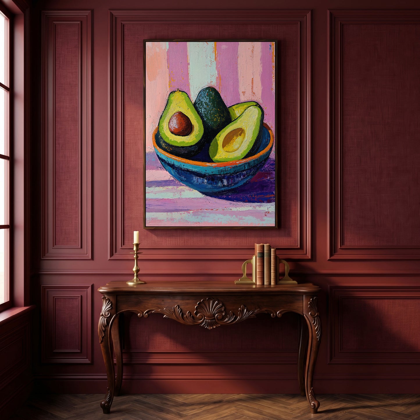 Colorful Avocado Still Life Canvas in dark walnut floating frame