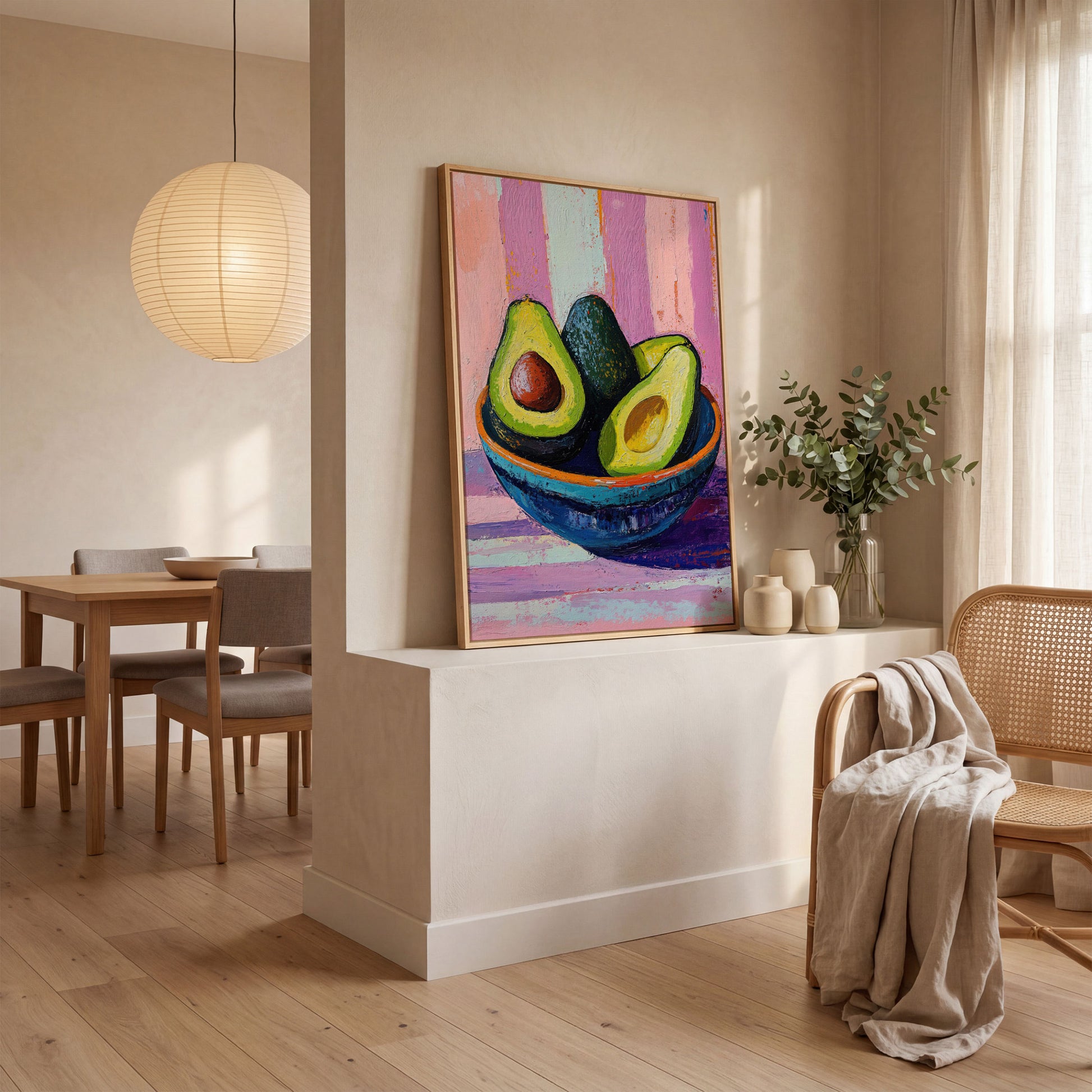 Colorful Avocado Still Life Canvas in white oak floating frame
