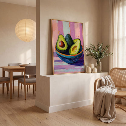 Colorful Avocado Still Life Canvas in white oak floating frame