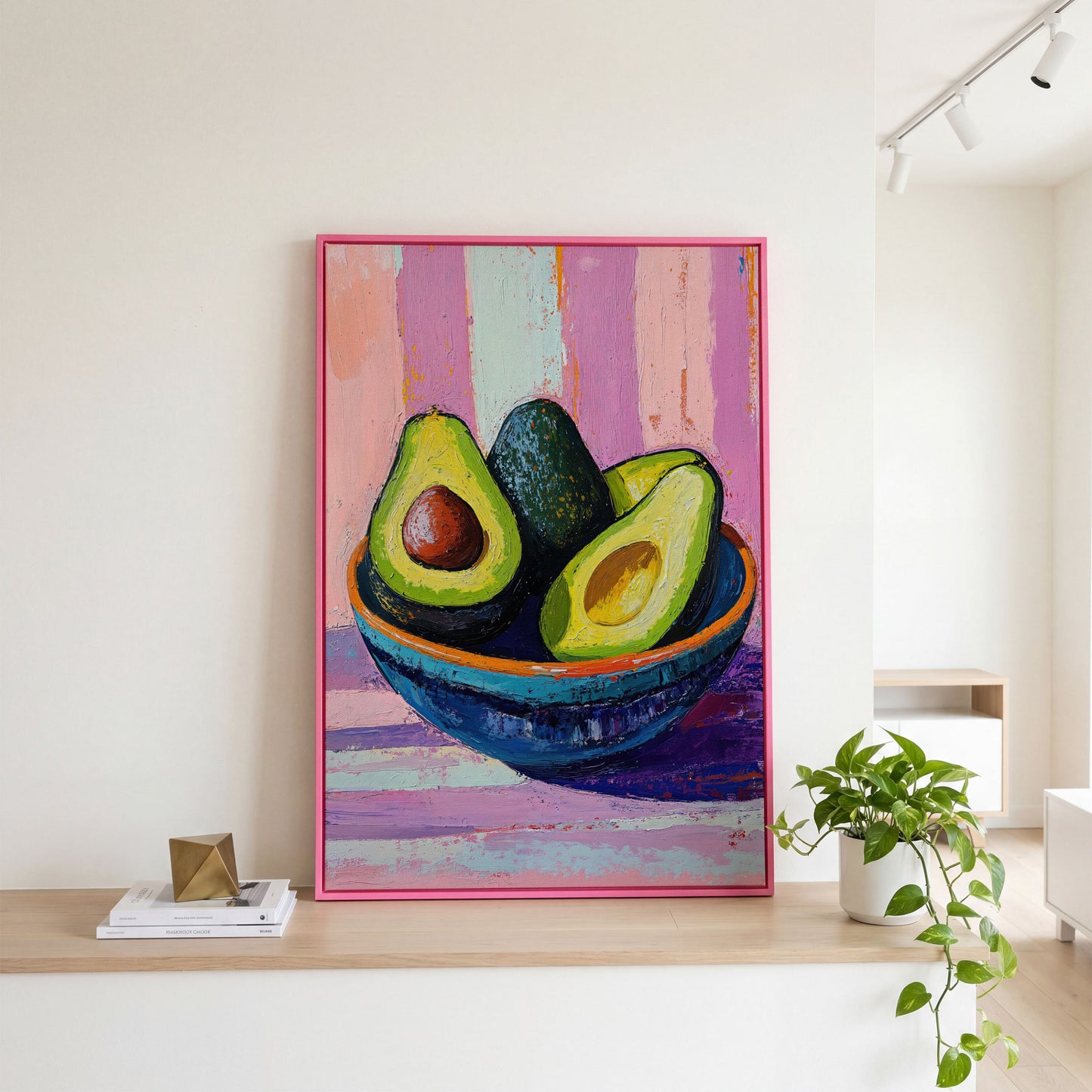 Colorful Avocado Still Life Canvas in pink floating frame
