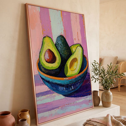 Colorful Avocado Still Life Canvas in rose gold floating frame