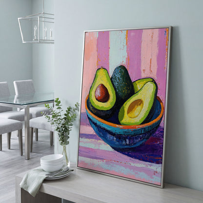 Colorful Avocado Still Life Canvas in silver floating frame