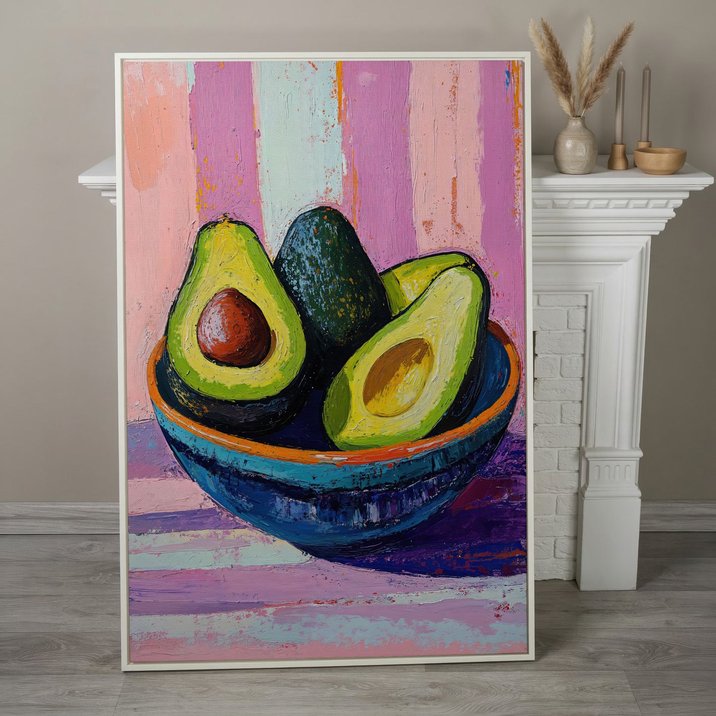 Colorful Avocado Still Life Canvas in white floating frame