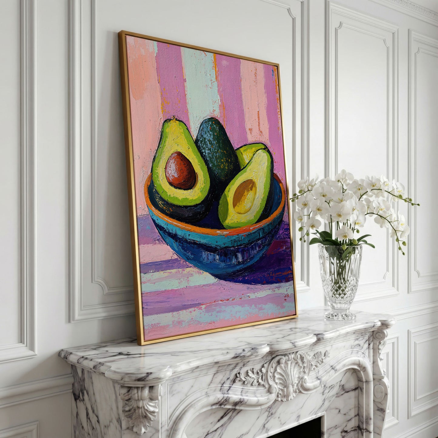 Colorful Avocado Still Life Canvas in yellow gold floating frame