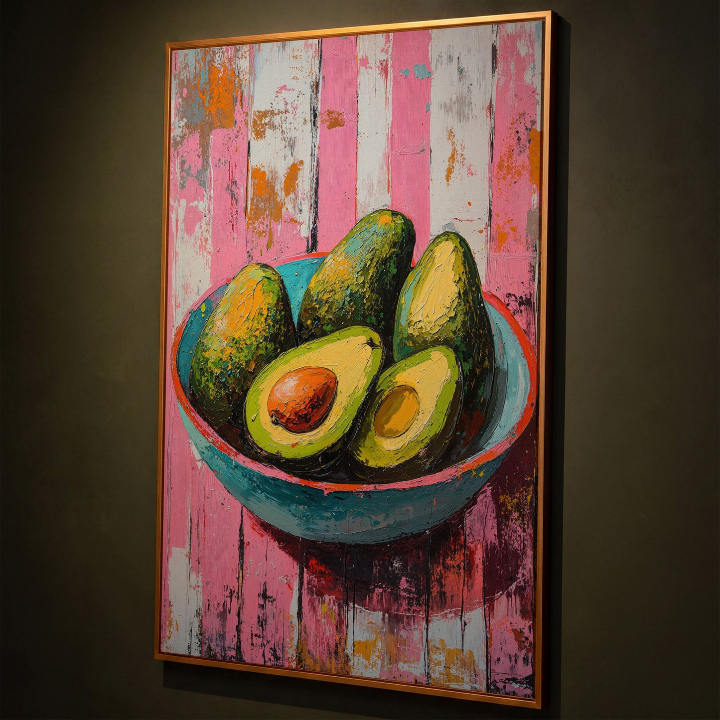 Retro Avocado Canvas Print for Kitchen Walls shown in antique gold floating frame