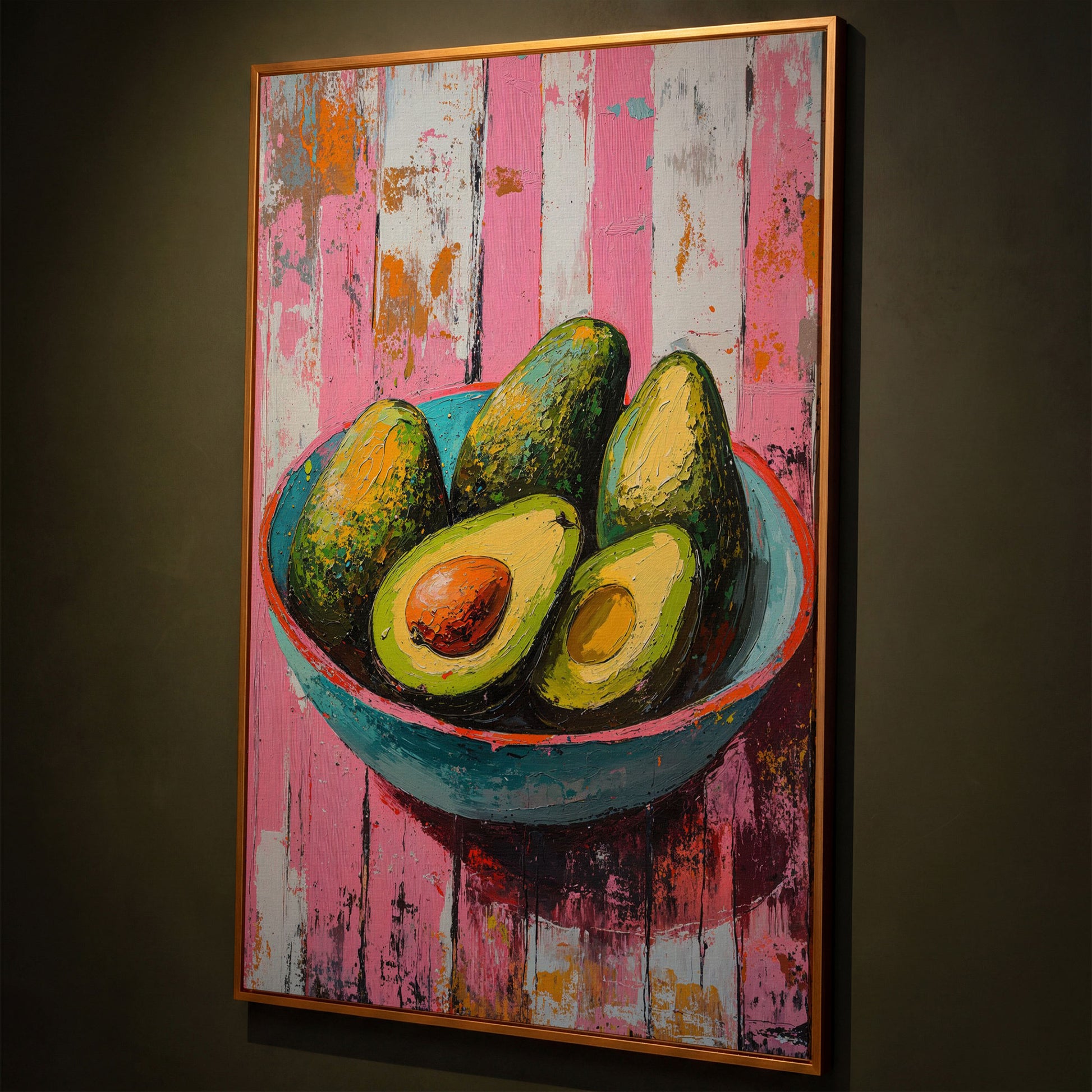 Retro Avocado Canvas Print for Kitchen Walls shown in antique gold floating frame