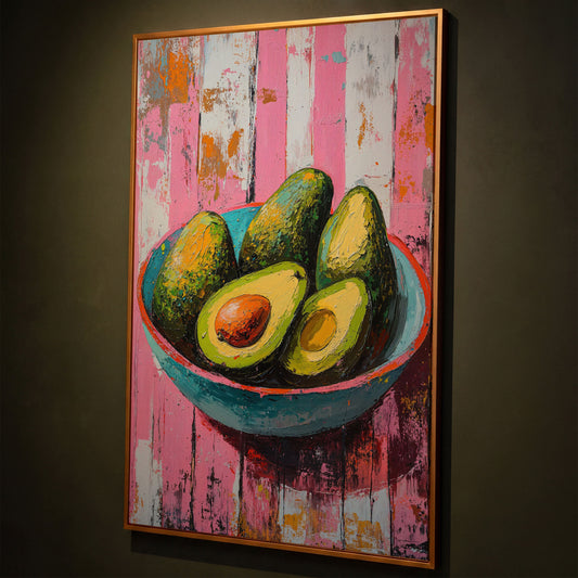 Retro Avocado Canvas Print for Kitchen Walls shown in antique gold floating frame