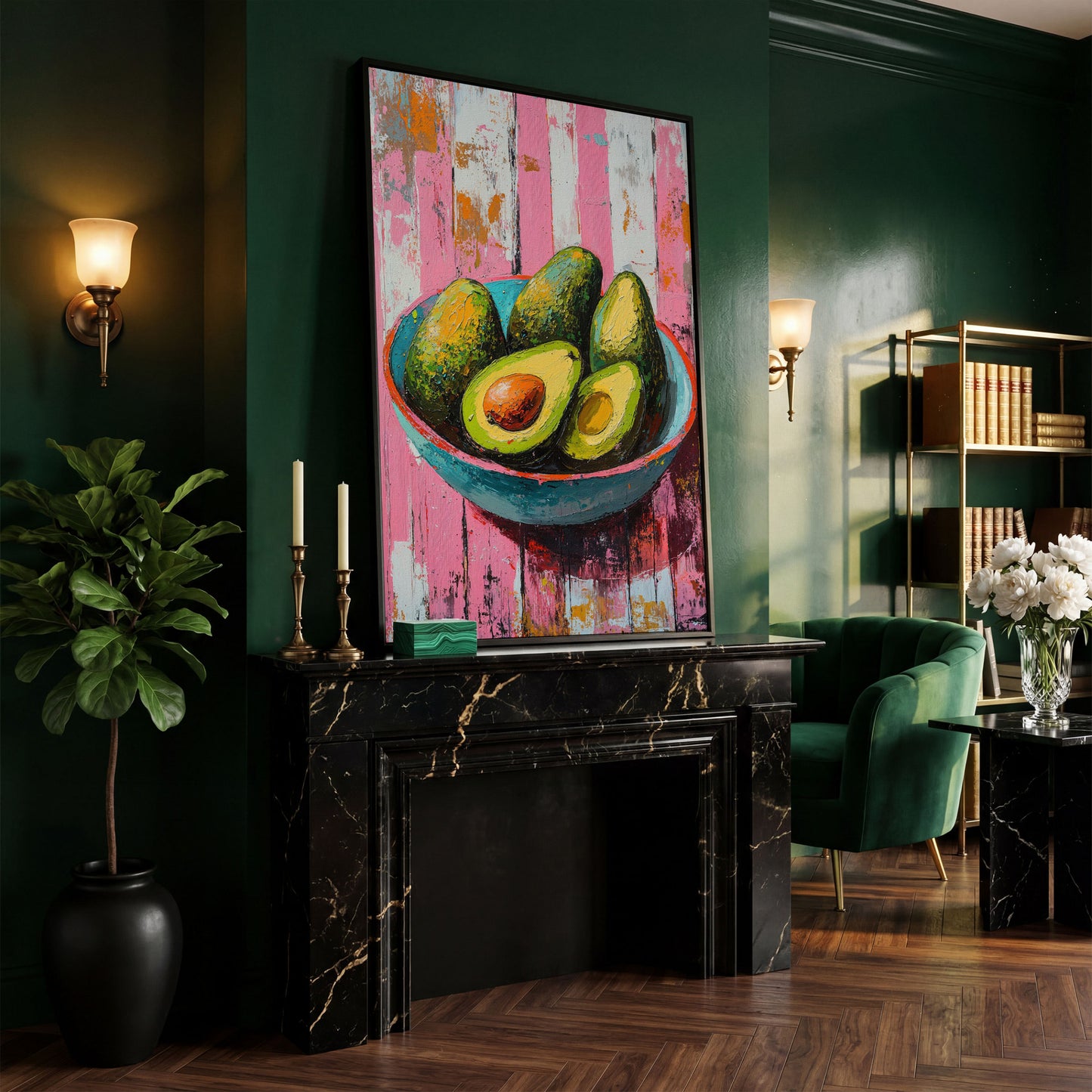 Retro Avocado Canvas Print for Kitchen Walls in black floating frame