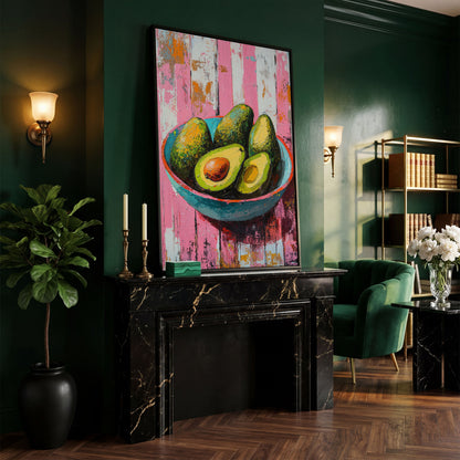 Retro Avocado Canvas Print for Kitchen Walls in black floating frame