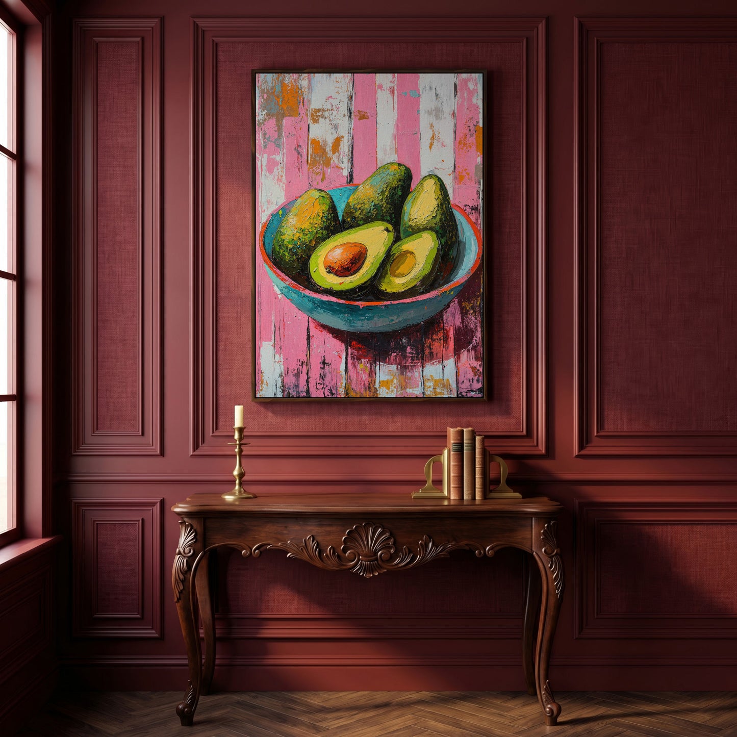 Retro Avocado Canvas Print for Kitchen Walls in dark walnut floating frame