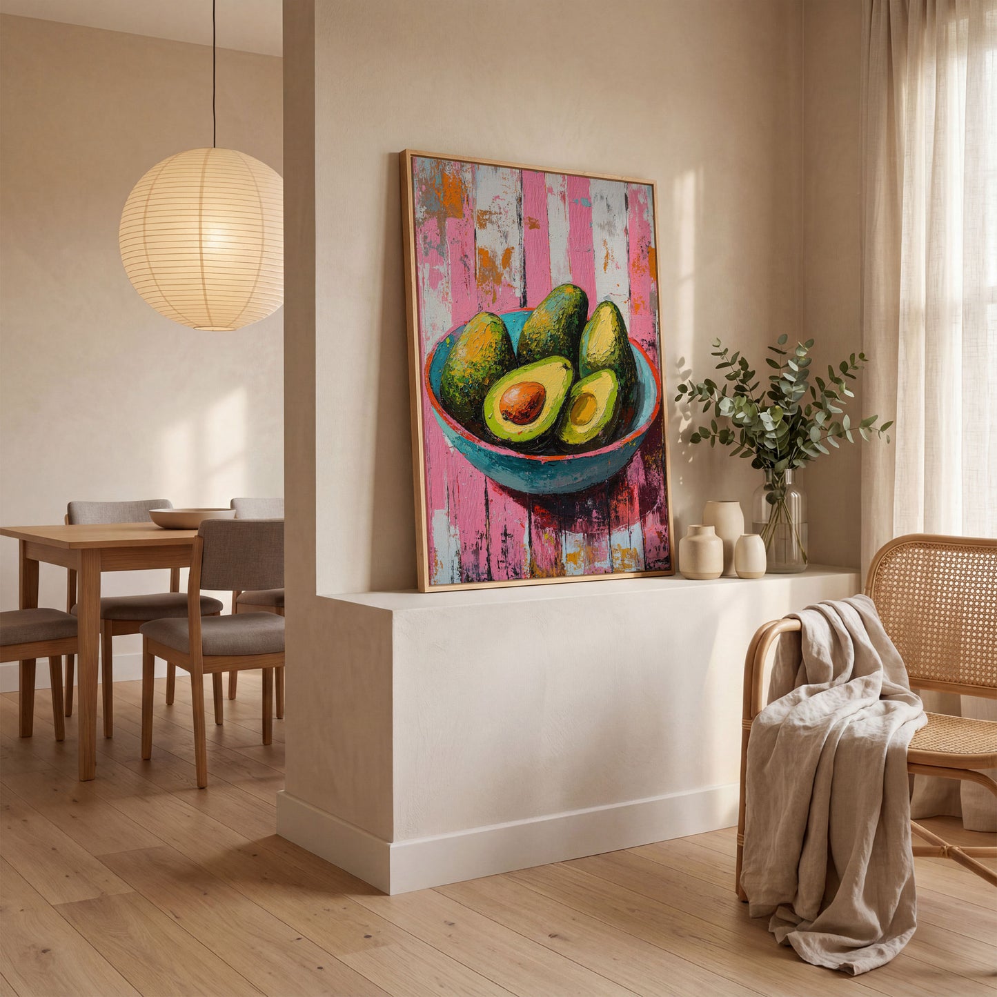 Retro Avocado Canvas Print for Kitchen Walls in white oak floating frame