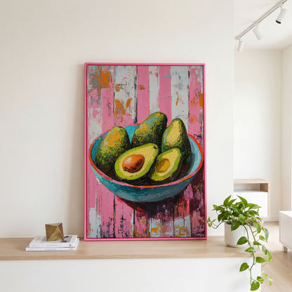 Retro Avocado Canvas Print for Kitchen Walls in pink floating frame