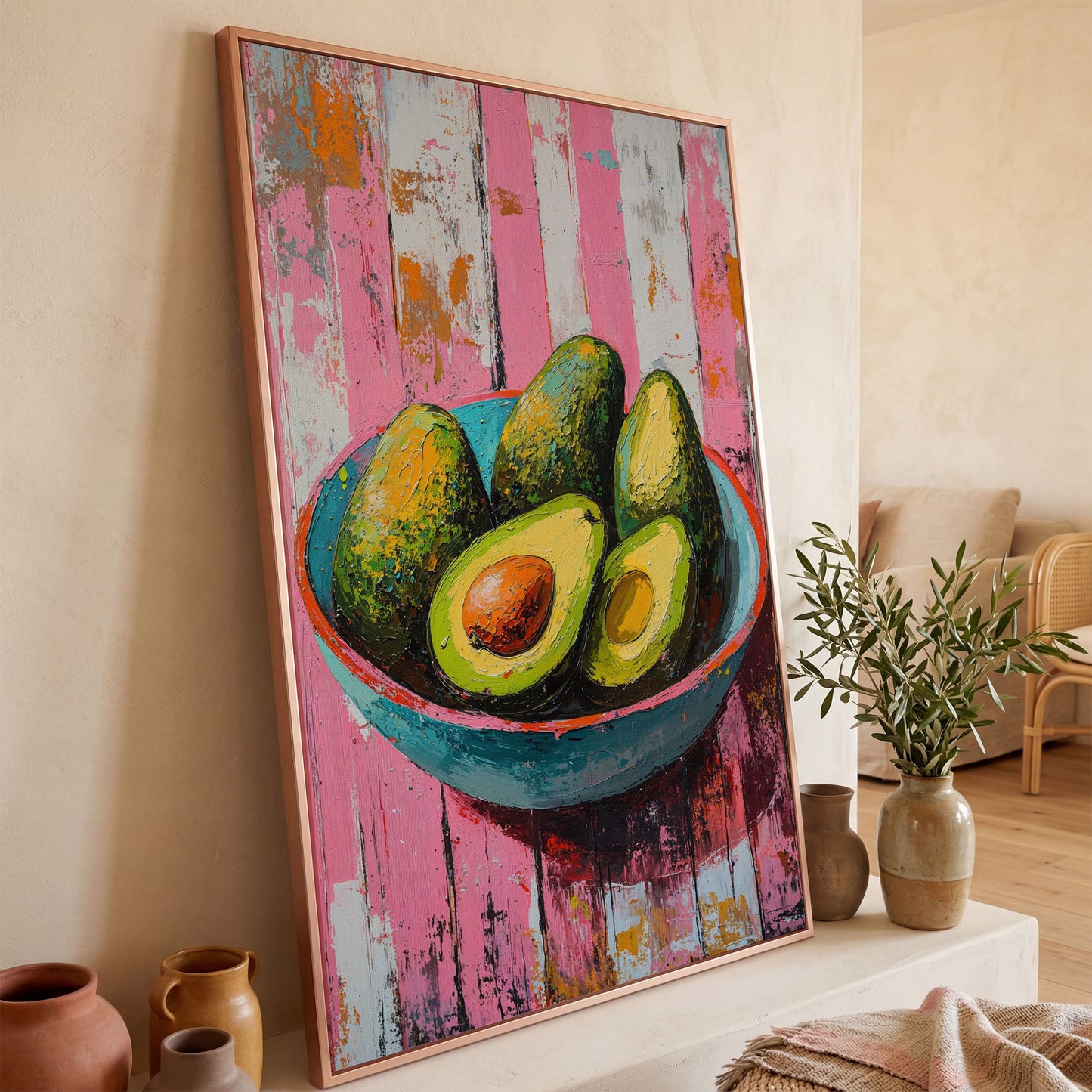 Retro Avocado Canvas Print for Kitchen Walls in rose gold floating frame