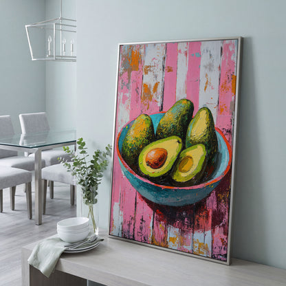 Retro Avocado Canvas Print for Kitchen Walls in silver floating frame