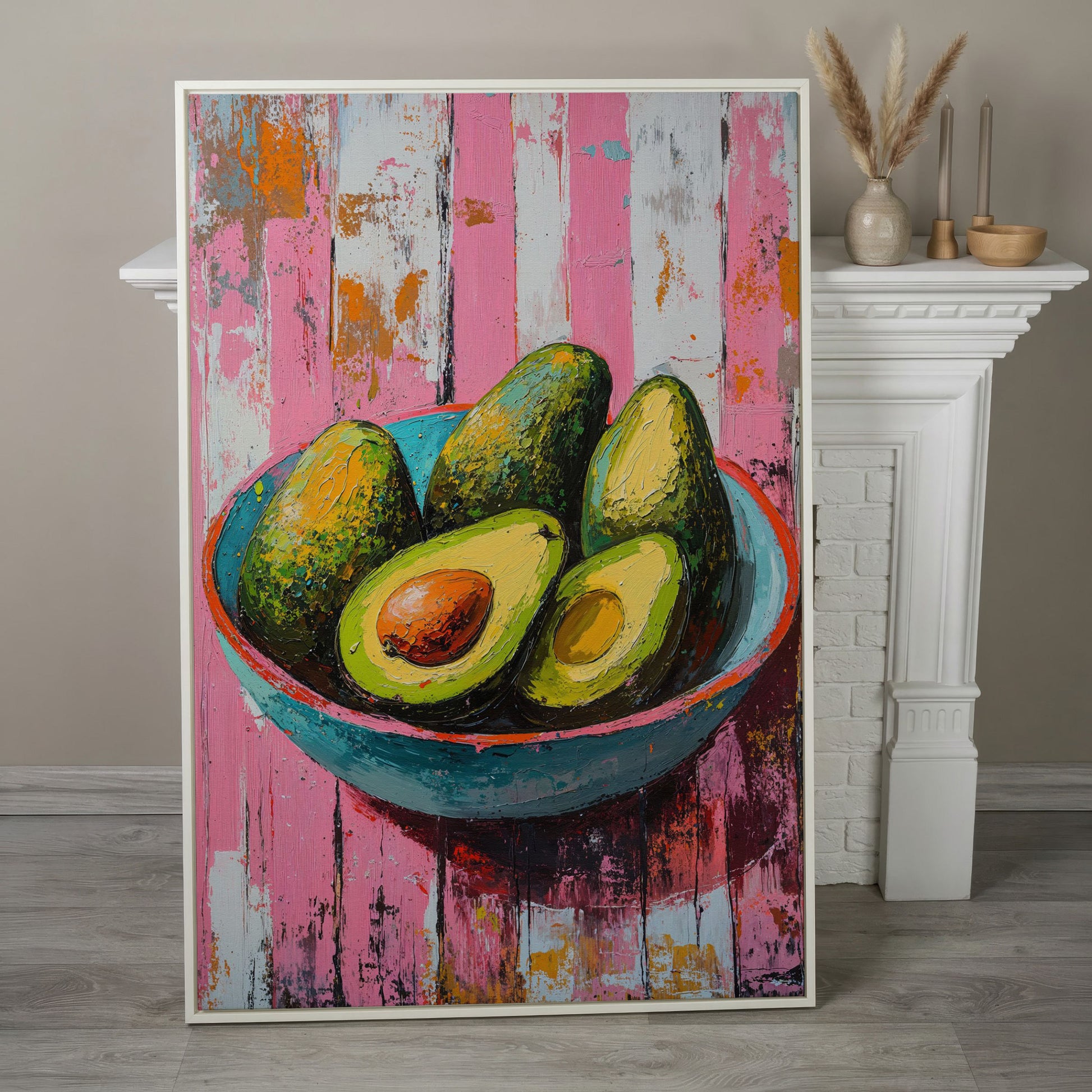 Retro Avocado Canvas Print for Kitchen Walls in white floating frame