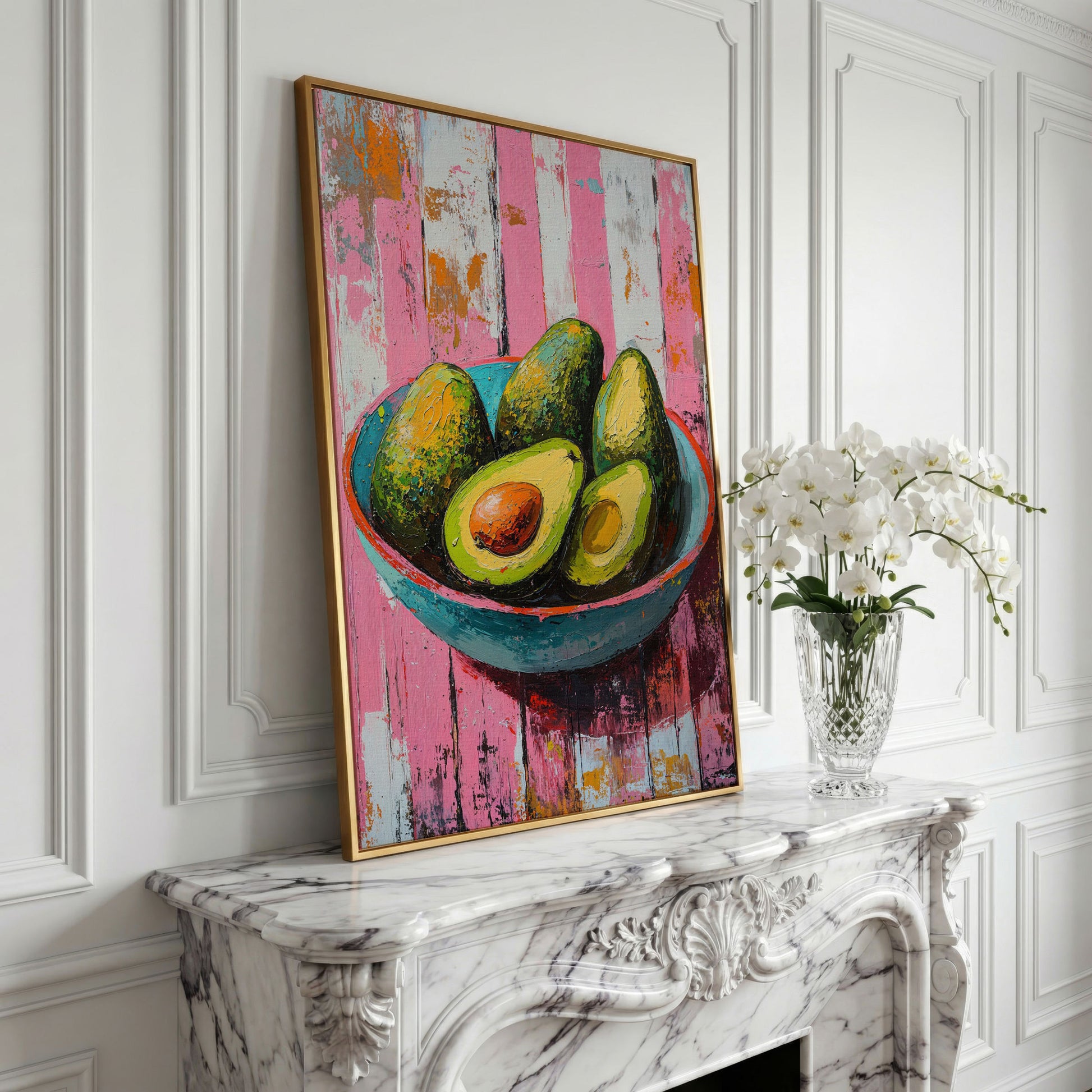 Retro Avocado Canvas Print for Kitchen Walls in yellow gold floating frame