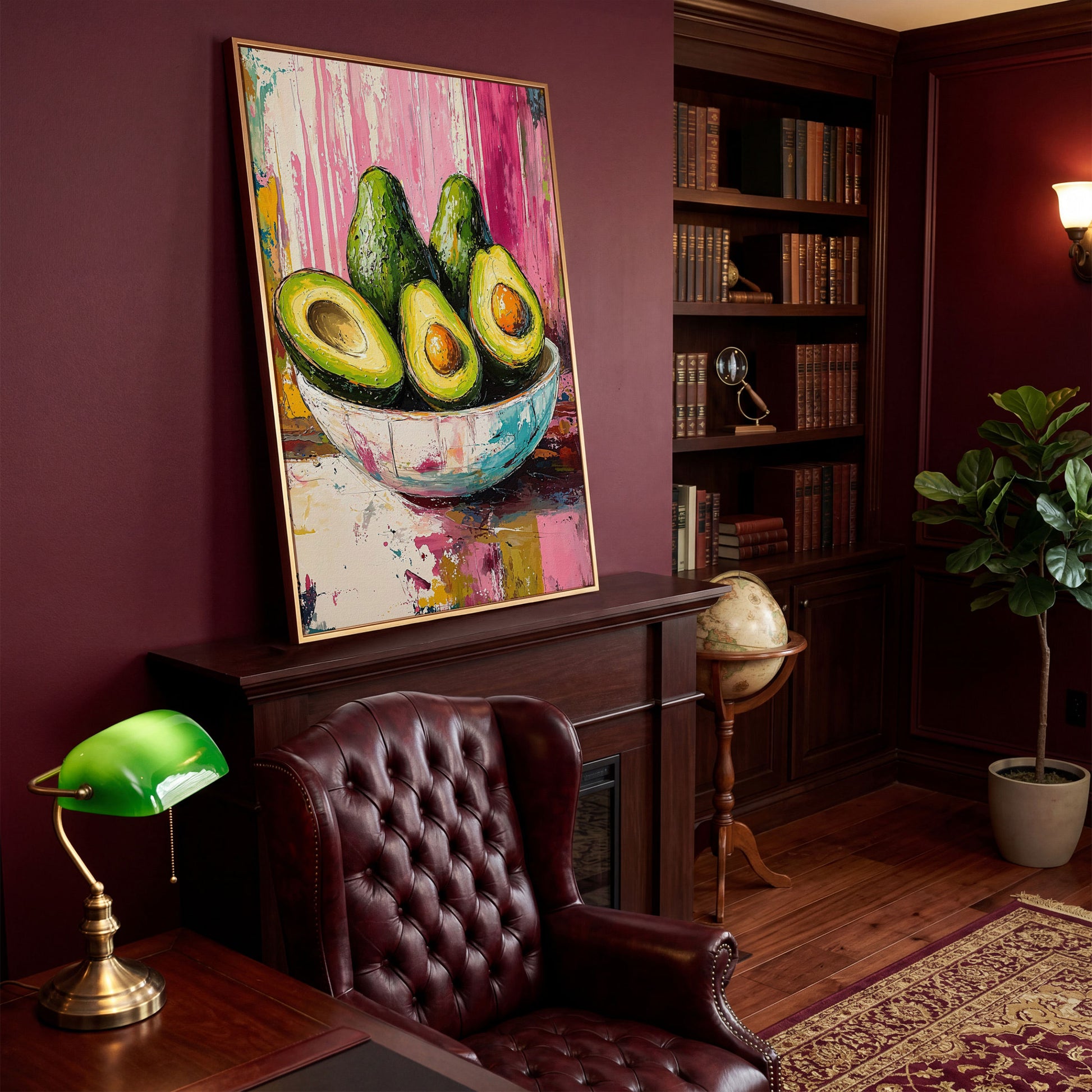 Avocado Bowl on Fuchsia Canvas Art in antique gold floating frame