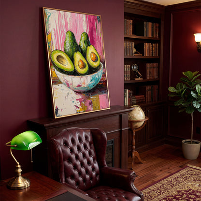 Avocado Bowl on Fuchsia Canvas Art in antique gold floating frame