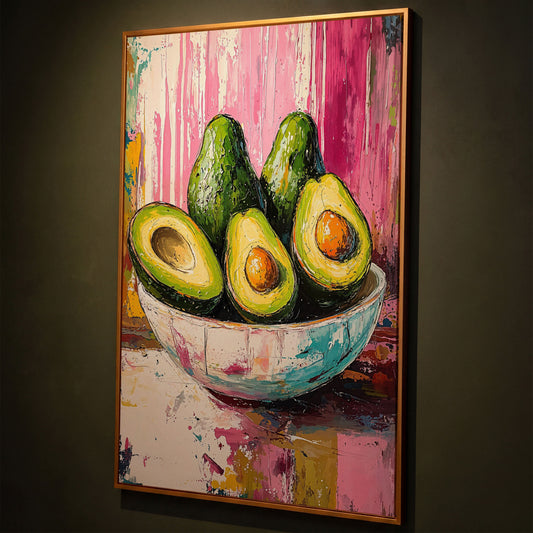 Avocado Bowl on Fuchsia Canvas Art shown in antique gold floating frame