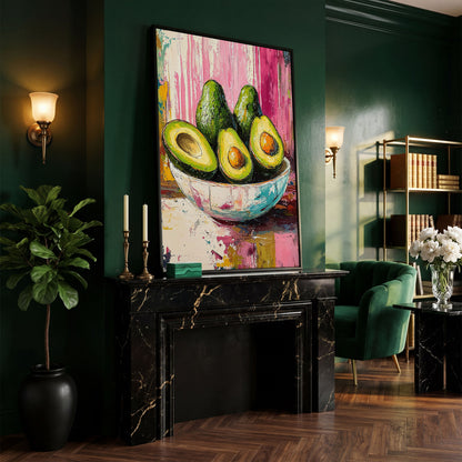 Avocado Bowl on Fuchsia Canvas Art in black floating frame