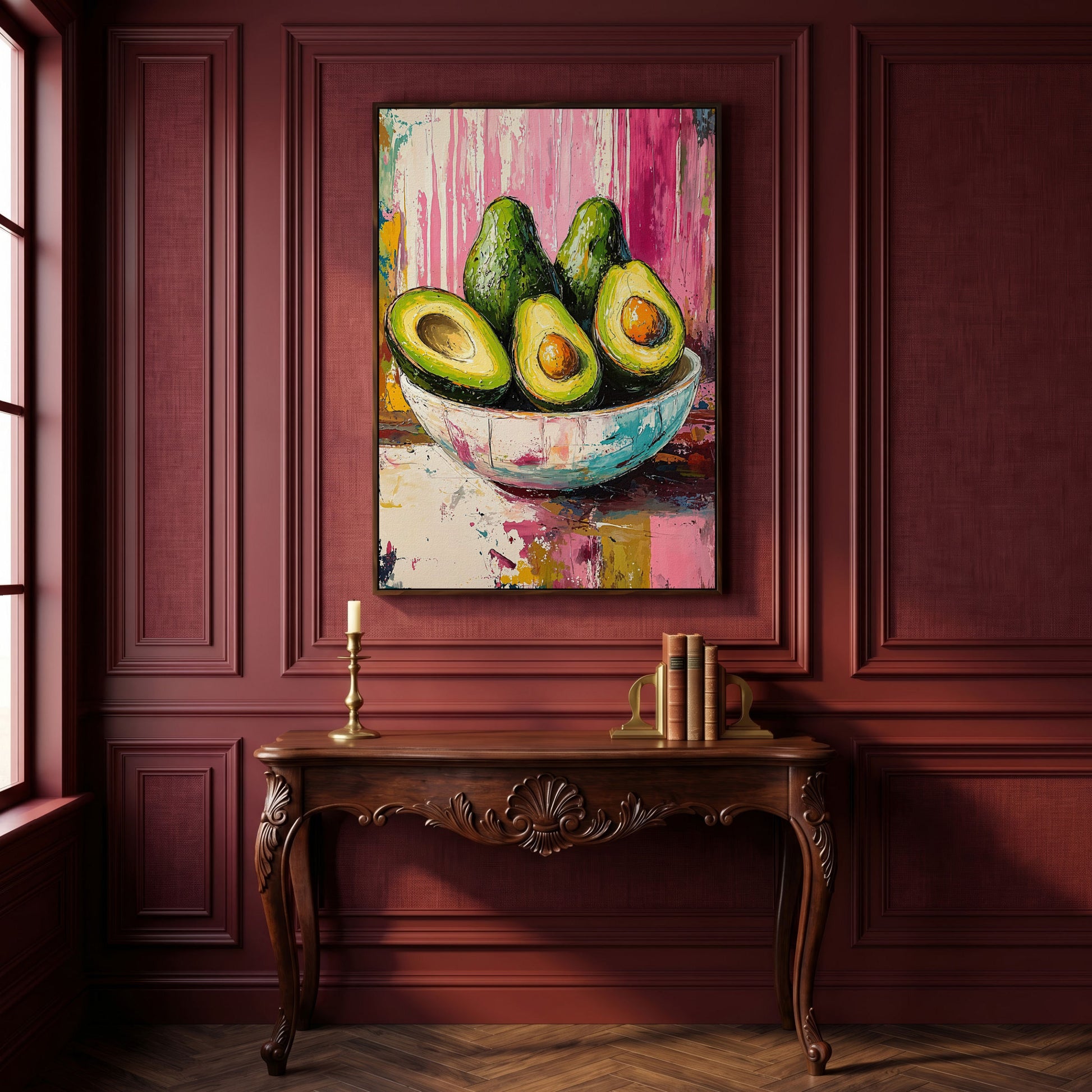 Avocado Bowl on Fuchsia Canvas Art in dark walnut floating frame