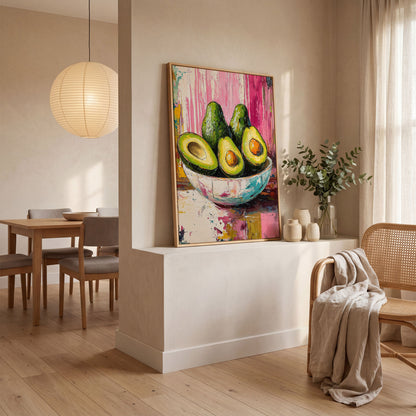 Avocado Bowl on Fuchsia Canvas Art in white oak floating frame