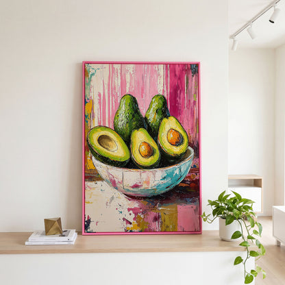 Avocado Bowl on Fuchsia Canvas Art in pink floating frame