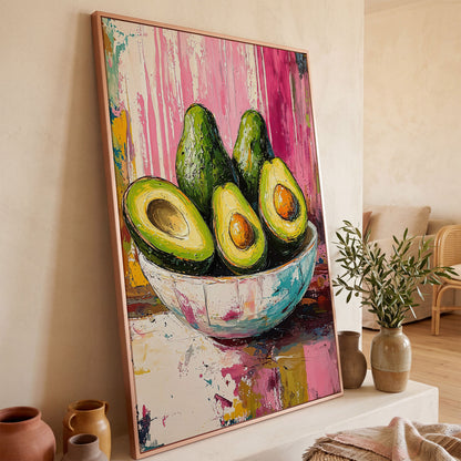 Avocado Bowl on Fuchsia Canvas Art in rose gold floating frame